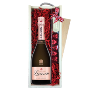 Buy Lanson Le Rose Creation Champagne 75cl & Chocolate Praline Hearts, Wooden Box