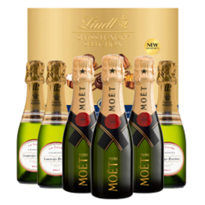 Buy Mini Champagne Moet Brut and Laurent Perrier Brut 20cl Case of 6 with Lindt Swiss Tradition Chocolates 193g