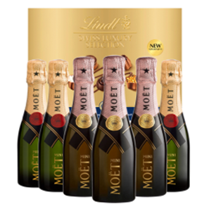 Buy Mini Champagne Moet Brut and Moet Rose 20cl Case of 6 with Lindt Swiss Tradition Chocolates 193g