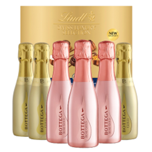 Buy Mini Prosecco Bottega Rose and Bottega Gold 20cl Case of 6 with Lindt Swiss Tradition Chocolates 193g