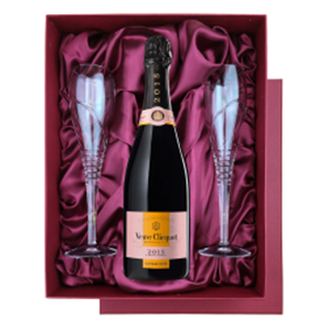 Buy Veuve Clicquot, Vintage Rose, 2015 in Burgundy Presentation Set With Flutes